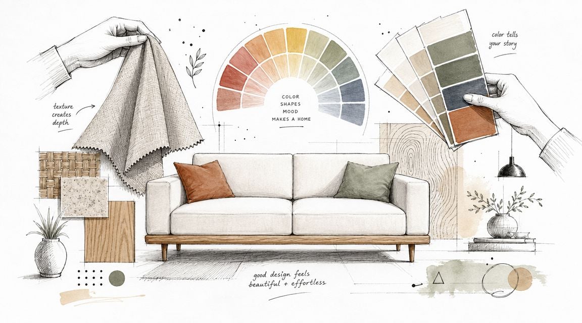 A detailed sketch of a living room decor concept featuring furniture, fabric textures, and a color palette.