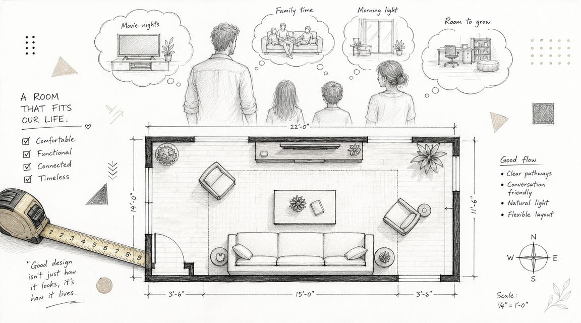 A hand-drawn architectural floor plan of a living room with design notes, a family, and furniture layout.