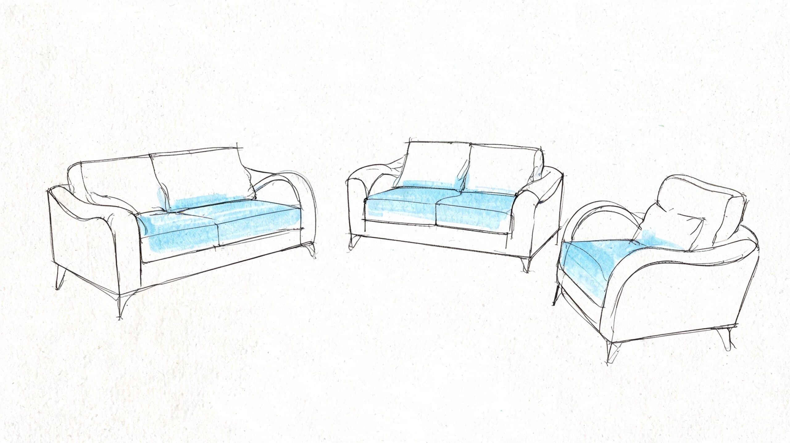 A minimalist sketch of a three-piece furniture set including two sofas and a matching armchair.
