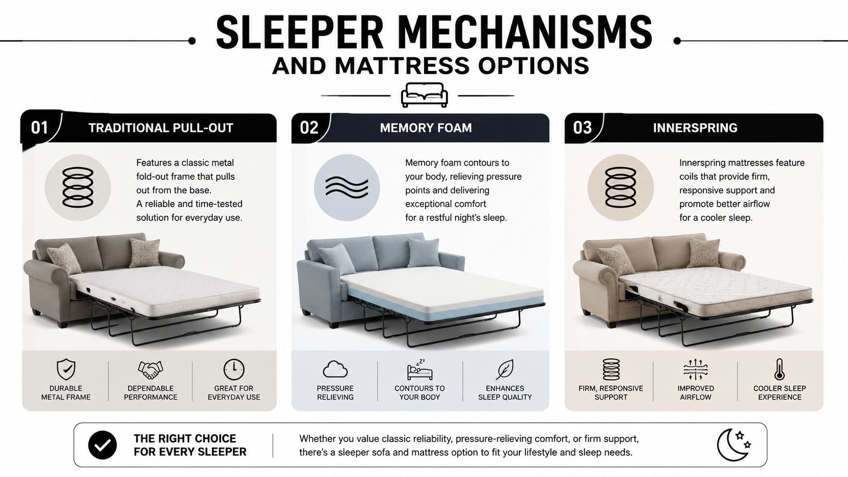 A comparison chart showing three different types of sleeper mechanisms and mattress options for sofa beds.