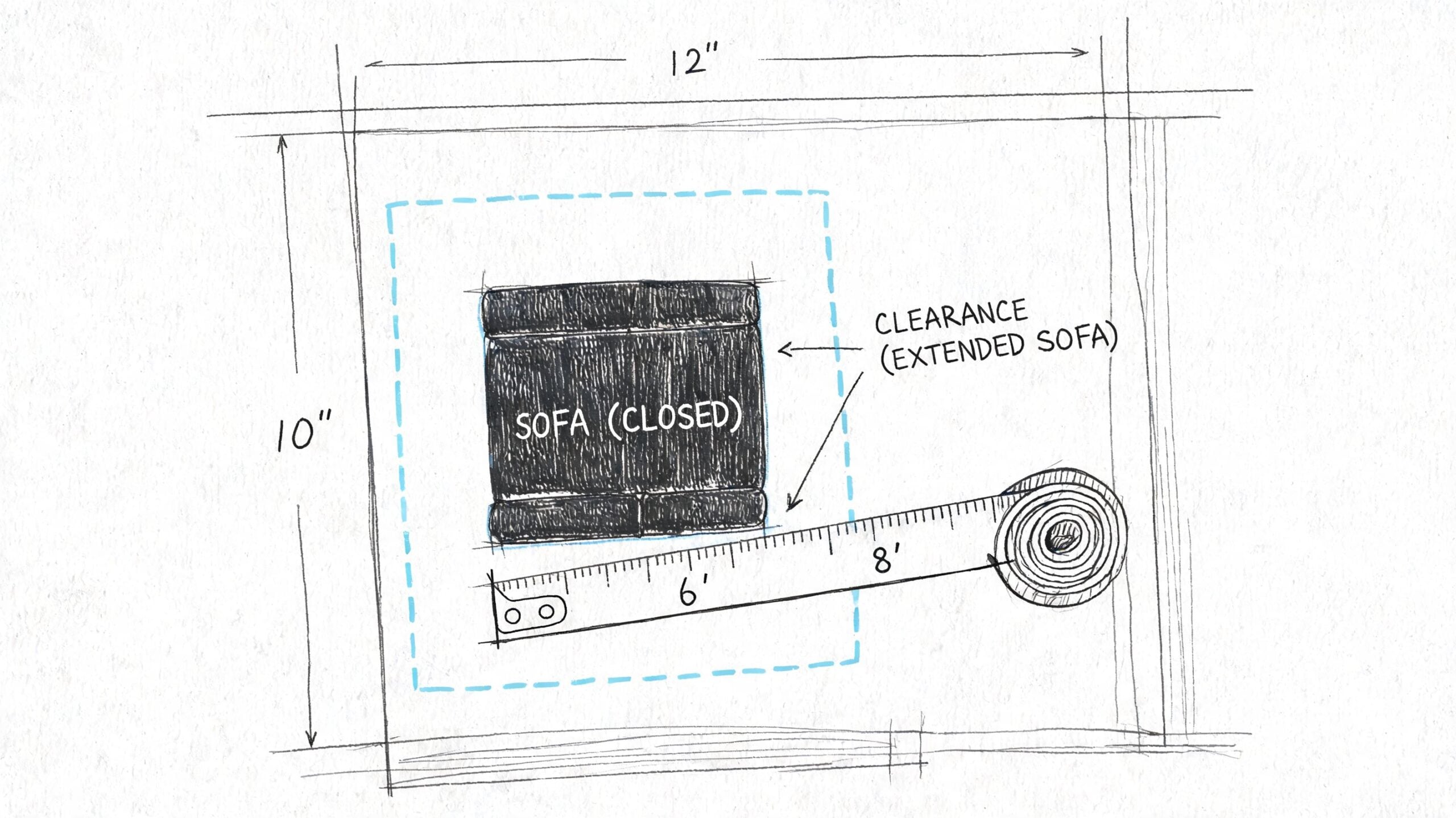 A hand-drawn top-down sketch showing a sofa measurements layout for a living room design plan.