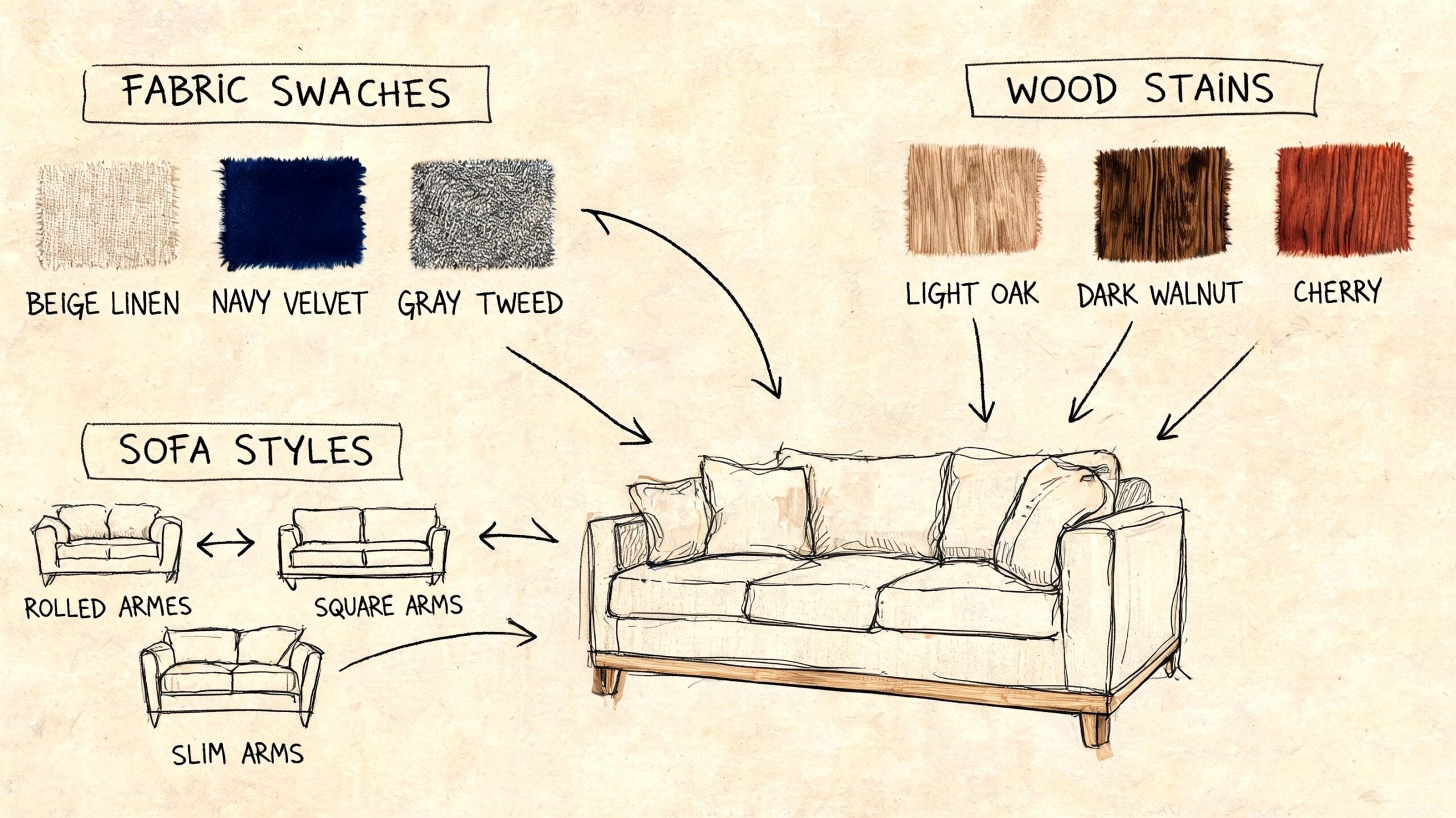 A design sketch illustrating fabric swatches, wood stains, and customizable sofa arm styles for furniture selection.