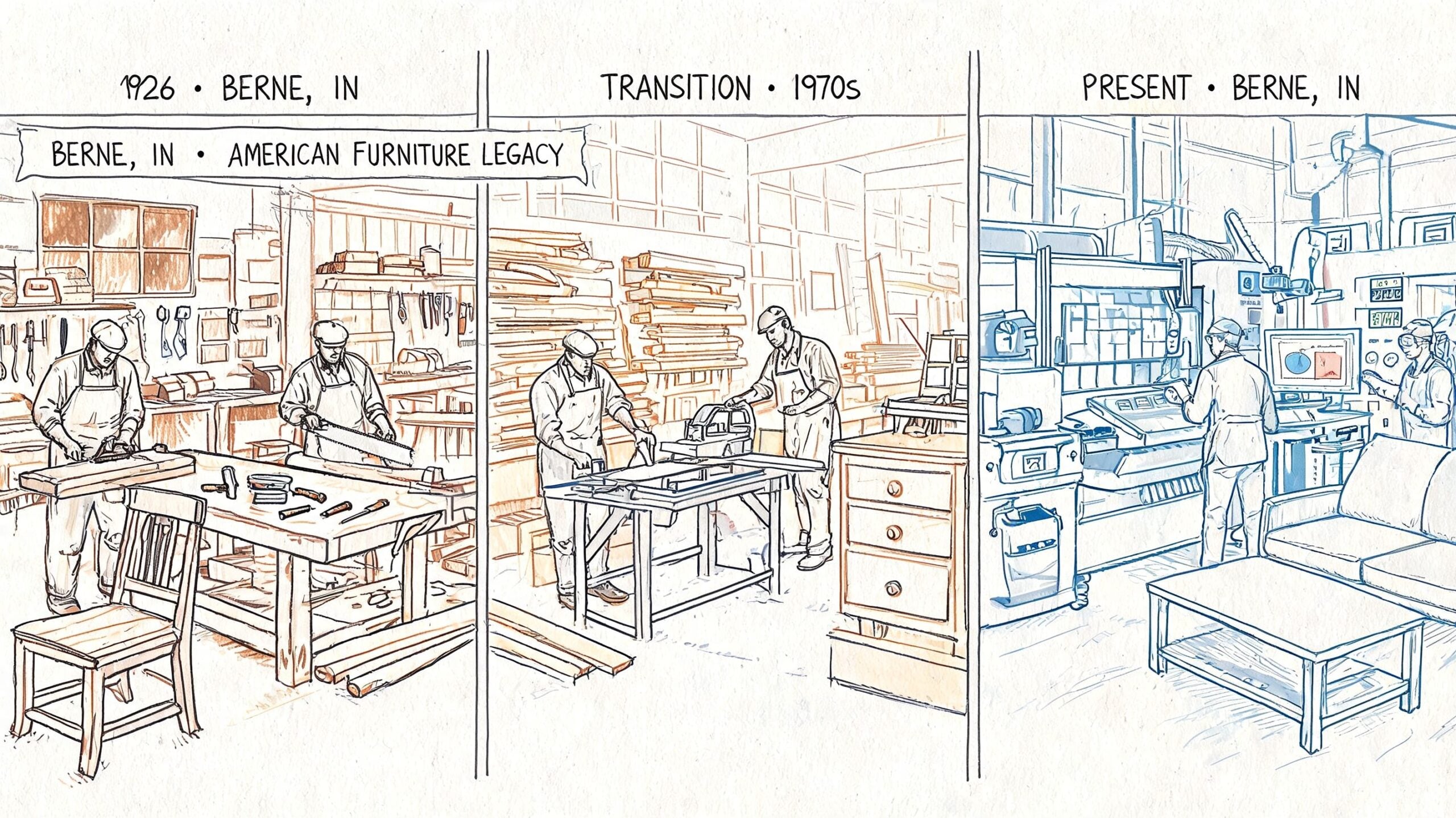 A three-panel illustration showing the evolution of furniture manufacturing in Berne, Indiana from 1926 to present.