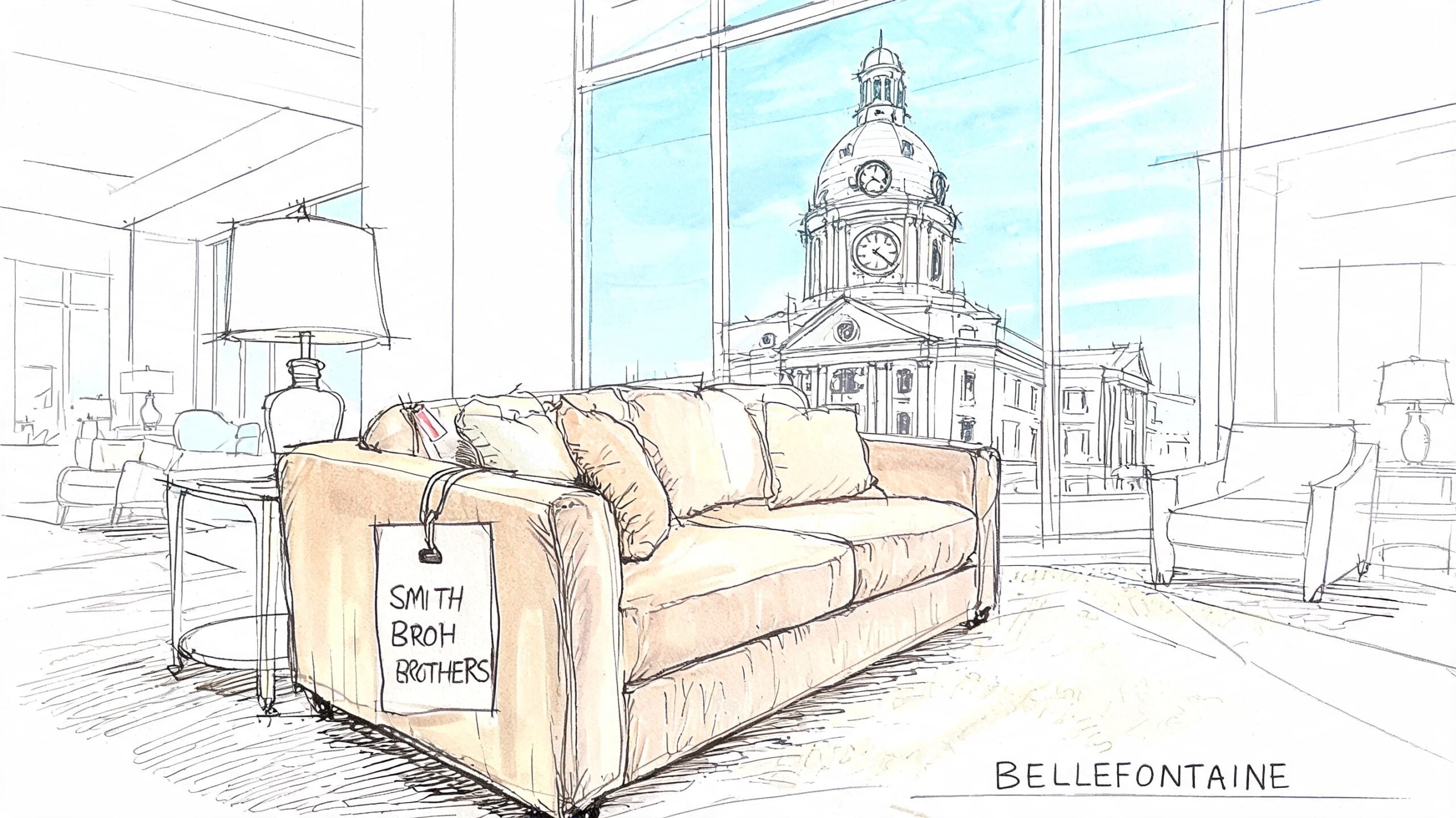 A line art interior sketch of a living room featuring a Smith Brothers sofa and city view.