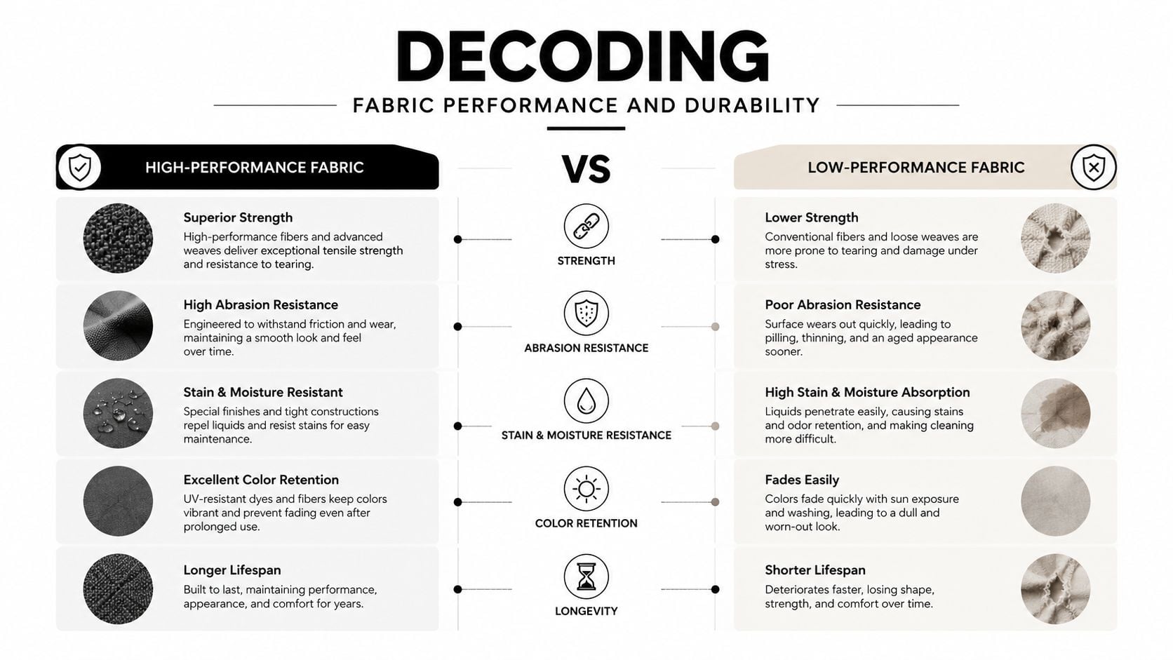 A comparison chart showing the differences between high-performance fabric and low-performance fabric characteristics and durability features.