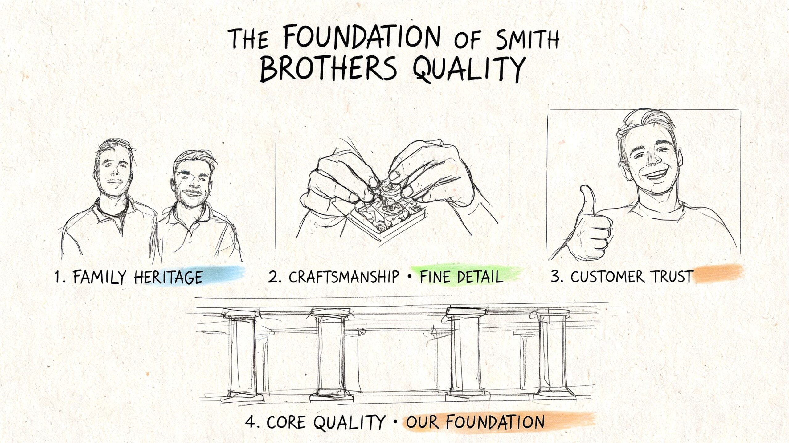 A hand-drawn illustration detailing the four pillars of Smith Brothers furniture quality including heritage, craftsmanship, and trust.