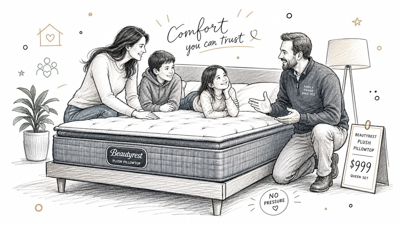 A family of four happily interacting around a Beautyrest Plush Pillowtop mattress on display.