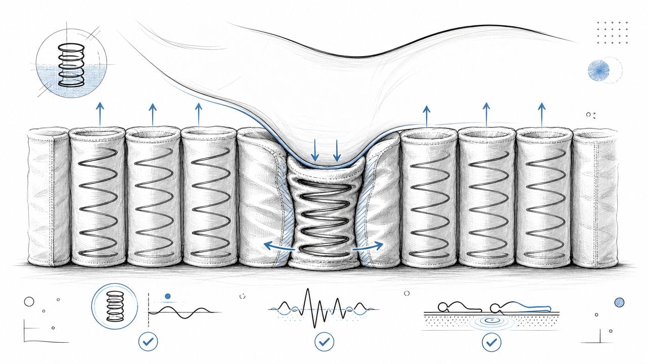 A diagram illustrating how pocketed coils in a mattress provide individualized support and reduce motion transfer.