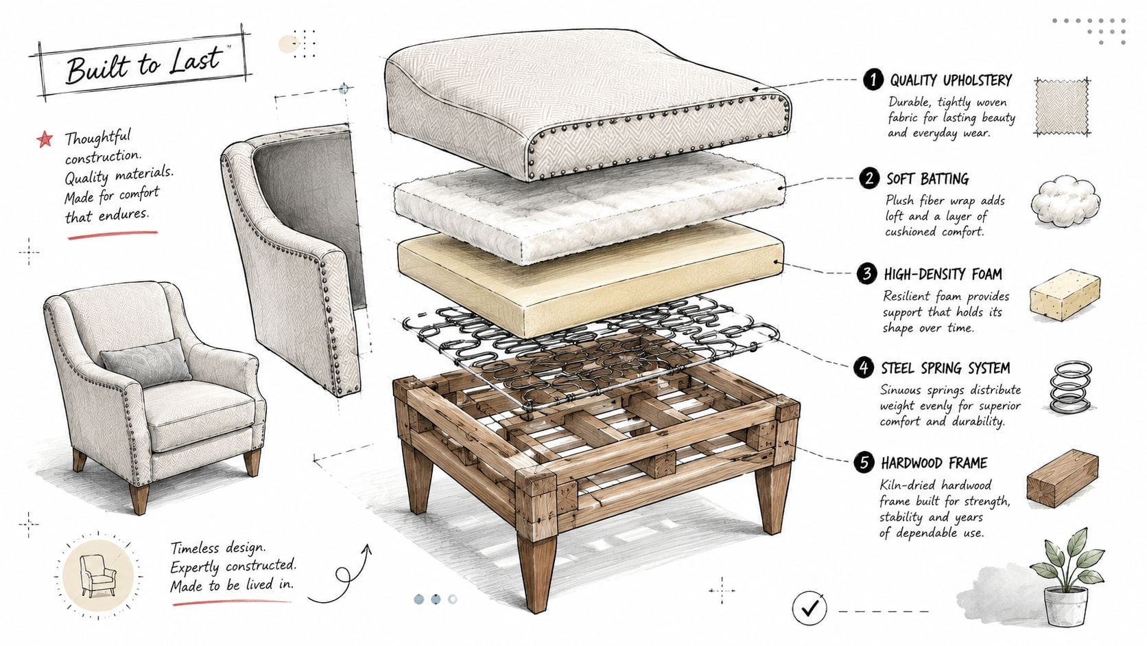 A detailed exploded diagram showing the quality components and construction of a custom upholstered armchair.