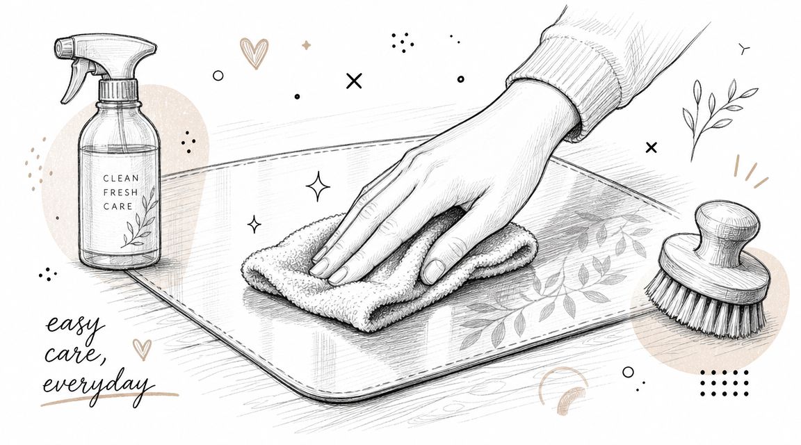 A hand wiping a smooth surface with a cloth near a spray bottle and a scrub brush.