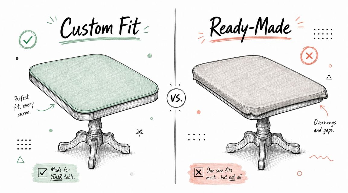 A comparison illustration showing a custom-fit table protector pad versus a poorly fitting ready-made cover.
