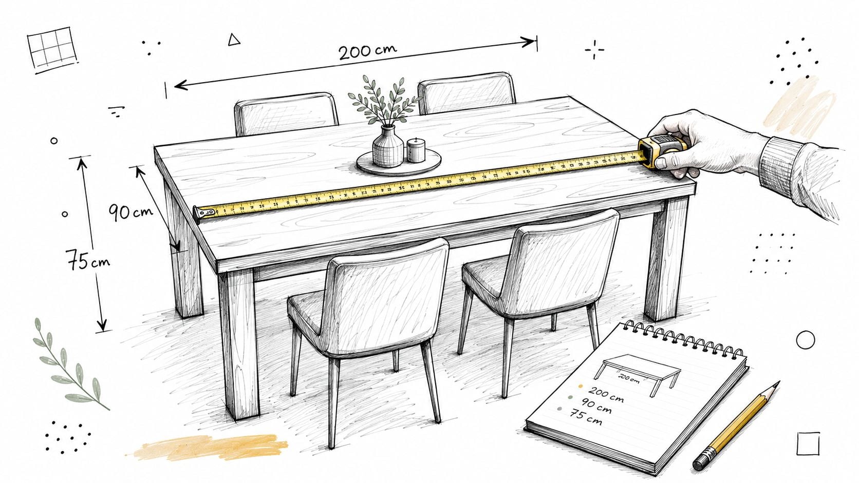 A hand measuring a wooden dining room table with a yellow tape measure, including dimensions on a notepad.