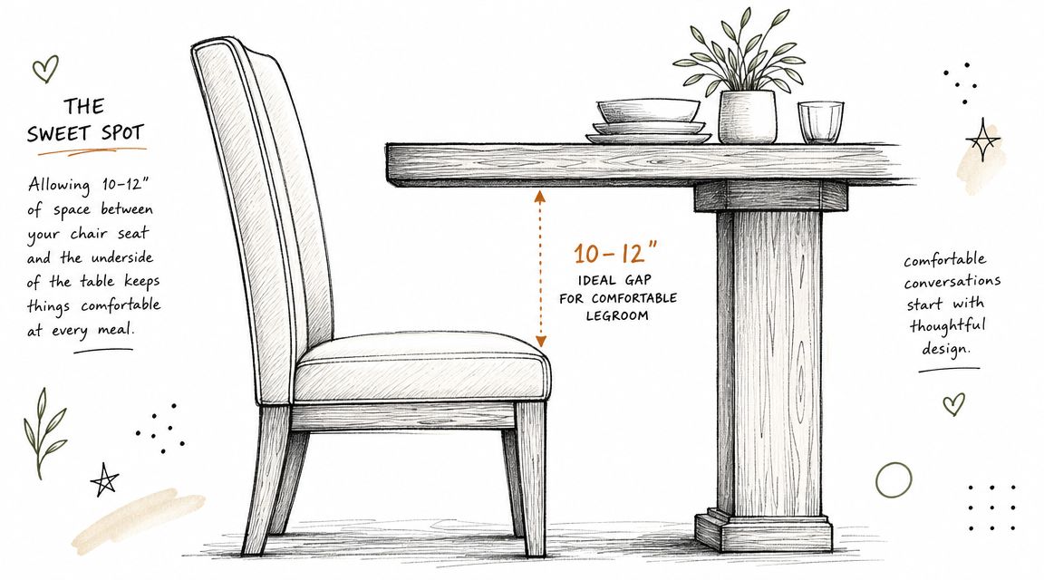 A diagram illustrating the ideal 10 to 12 inch gap between a dining chair and the table.