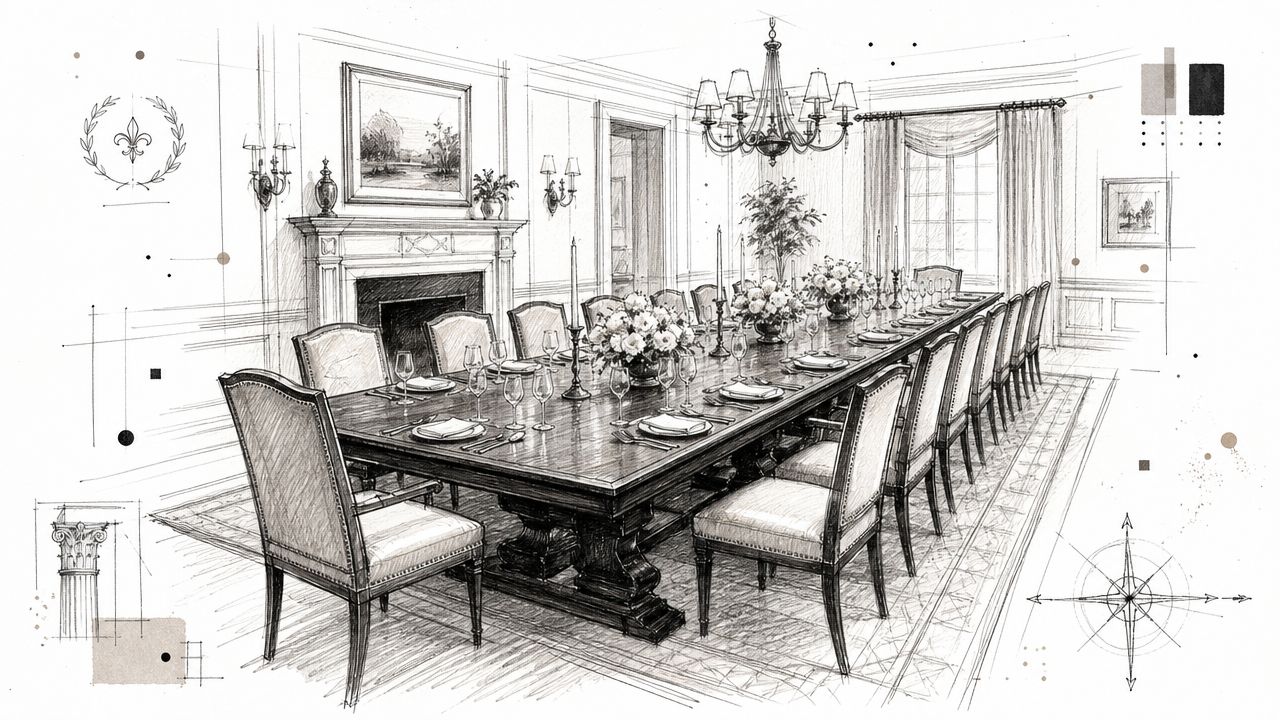 An elegant pencil sketch of a formal dining room featuring a large table with ten matching chairs.