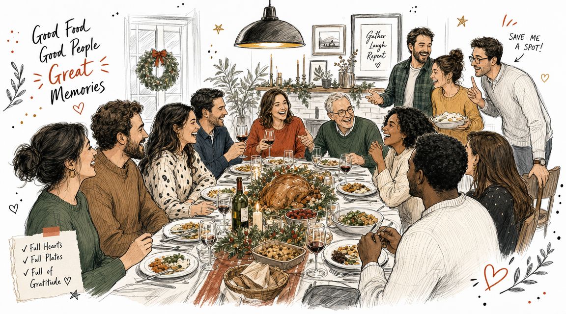 A warm, sketched illustration of a large family gathering around a table enjoying a festive holiday dinner.