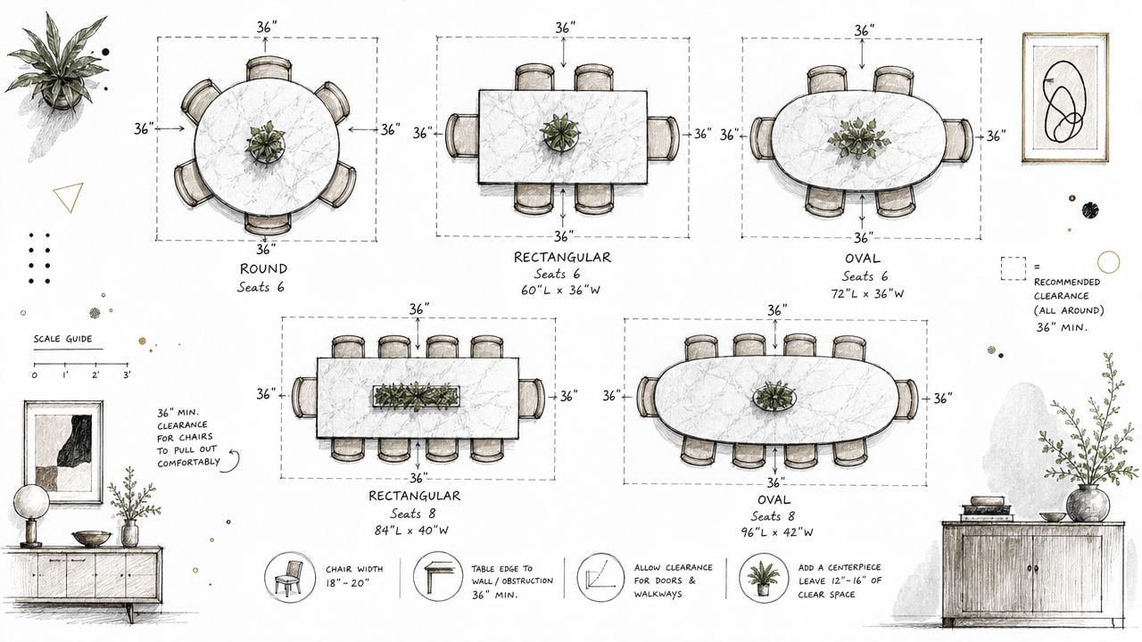 A design guide illustration showing various sizes and shapes of dining room tables with required clearance dimensions.