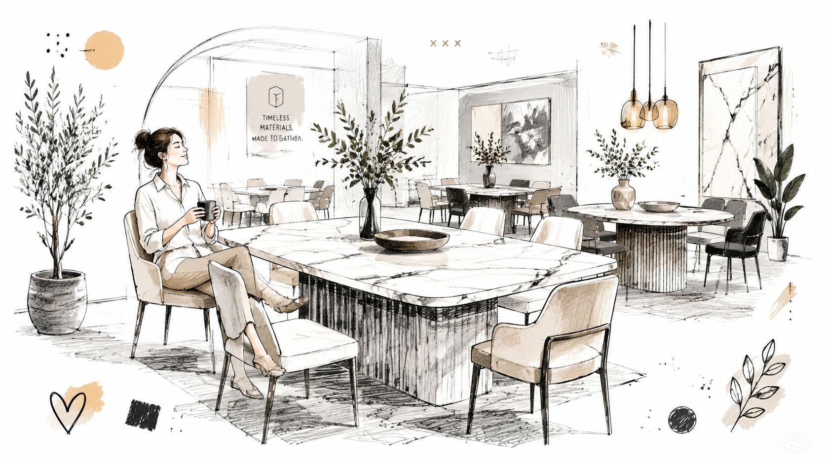 A sketched illustration of a woman enjoying coffee in a modern dining room featuring marble tables.