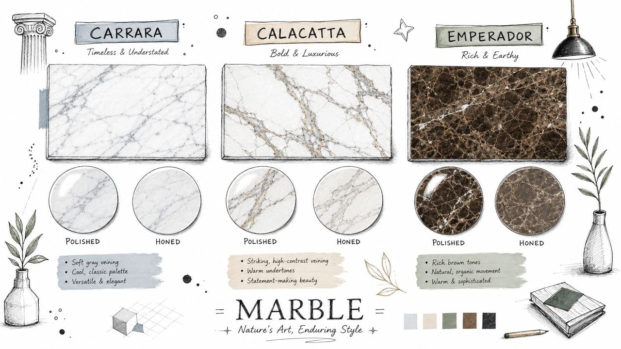 A visual guide comparing Carrara, Calacatta, and Emperador marble types with polished and honed surface finish examples.