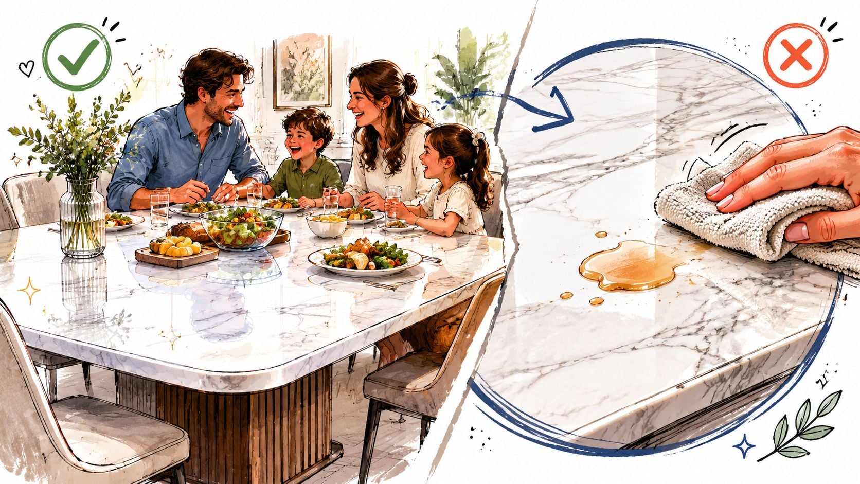 A family enjoying a meal at a luxury white marble dining table, showing proper surface care and maintenance.