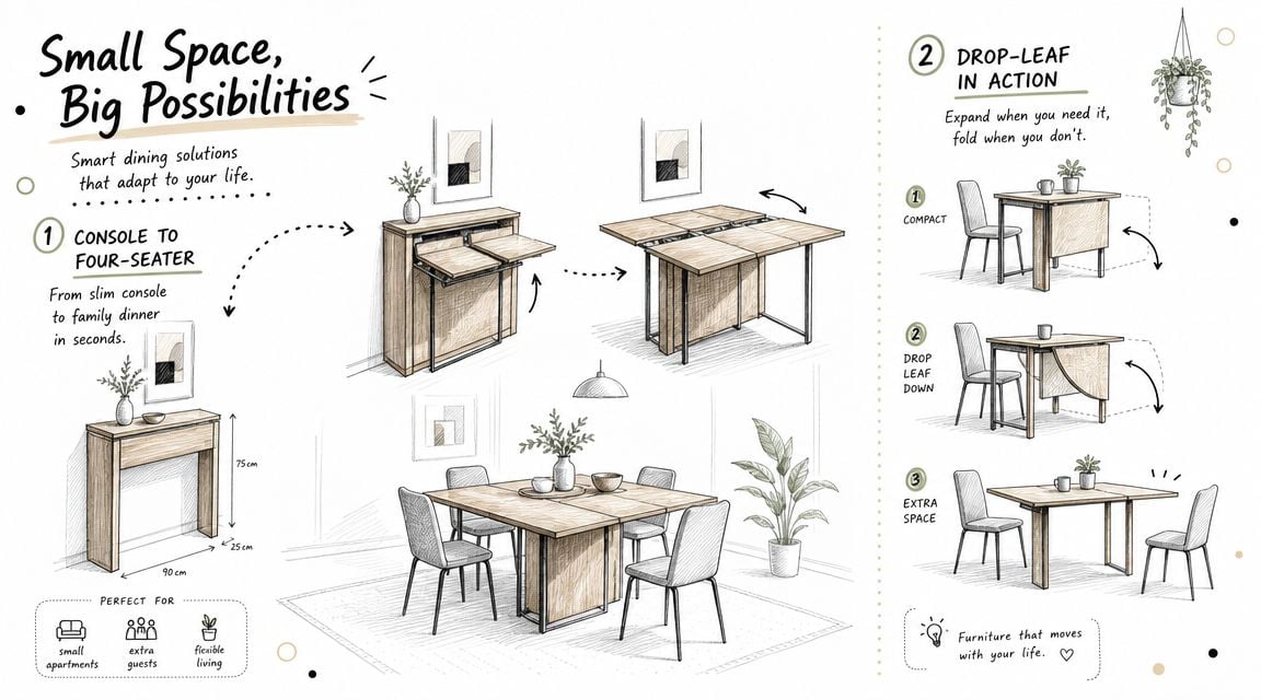 A diagram illustrating space-saving furniture options including a console-to-dining table and a drop-leaf table for small rooms.