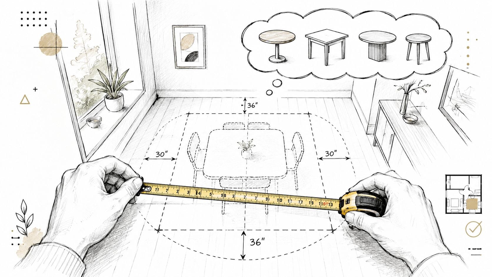 A hand-drawn illustration showing a person measuring a floor space for a dining set in a room.