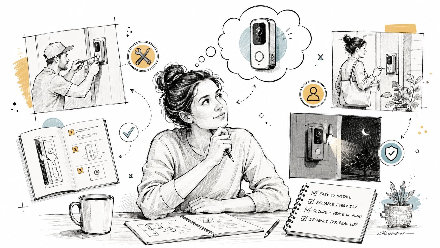 A woman sketching and planning the installation of a smart video doorbell for home security and convenience.