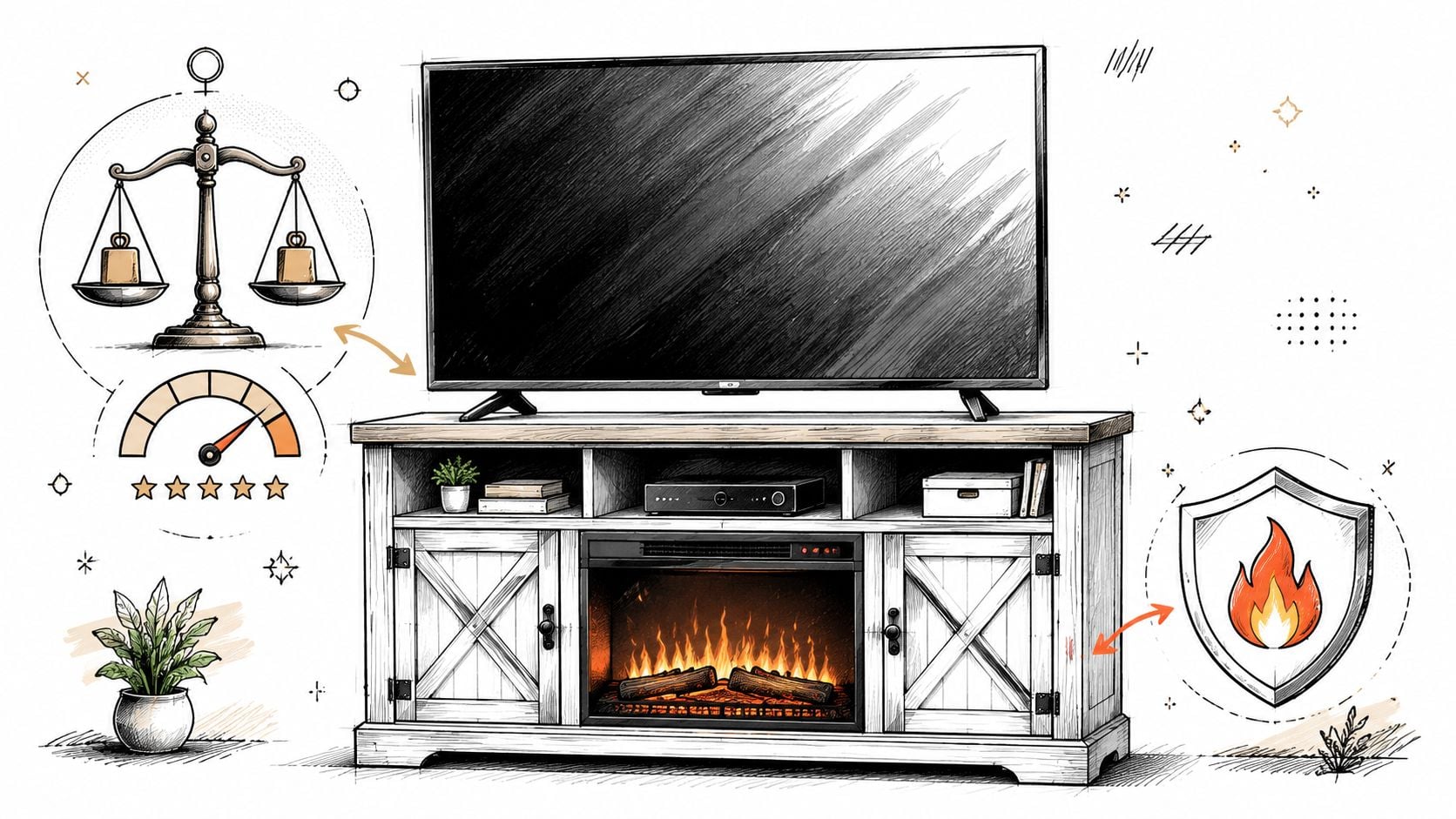 A rustic farmhouse style fireplace TV stand for an 85 inch television with decorative accent graphics.