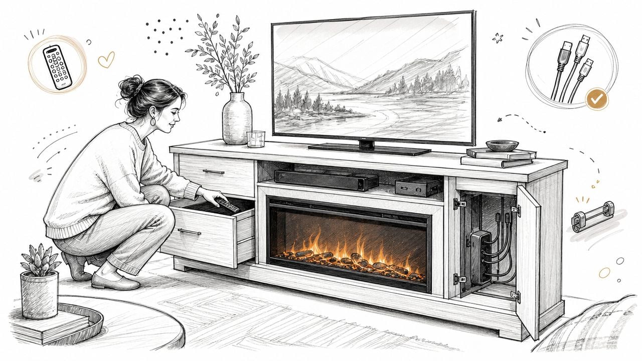 A woman organizing cables and remote controls in a stylish fireplace TV stand for 85 inch televisions.