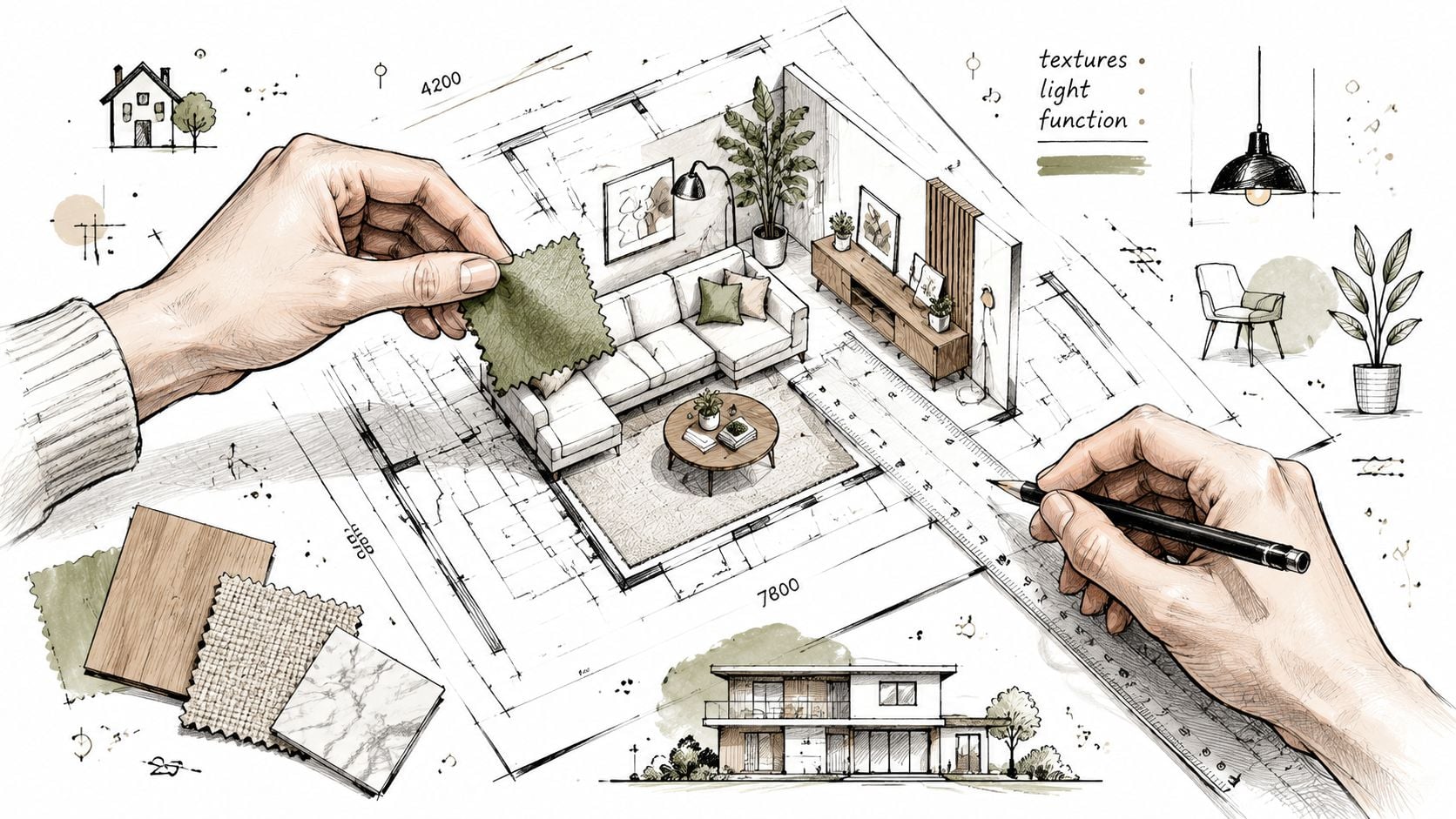 A creative sketch of a modern home interior design project featuring architectural floor plans and fabric swatches.