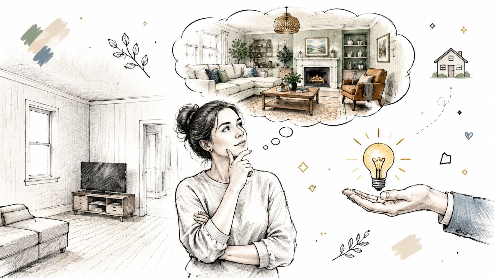 A woman visualizing a modern living room interior design while considering home design services for her renovation.