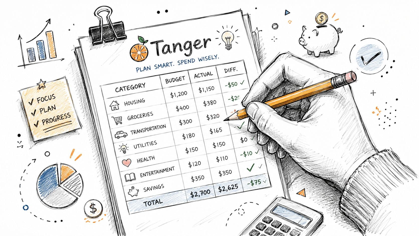A hand filling out a monthly personal budget spreadsheet on a notepad surrounded by finance-related sketches.
