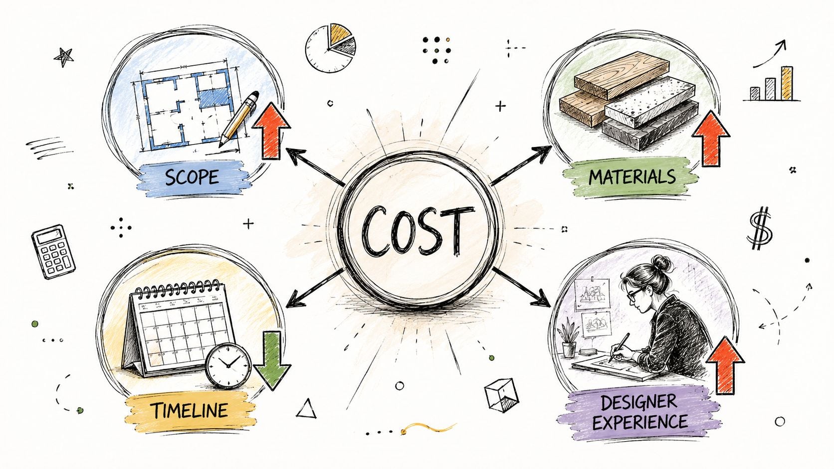 A hand-drawn diagram illustrating four key factors influencing interior design consultation costs including scope, materials, timeline, and designer experience.