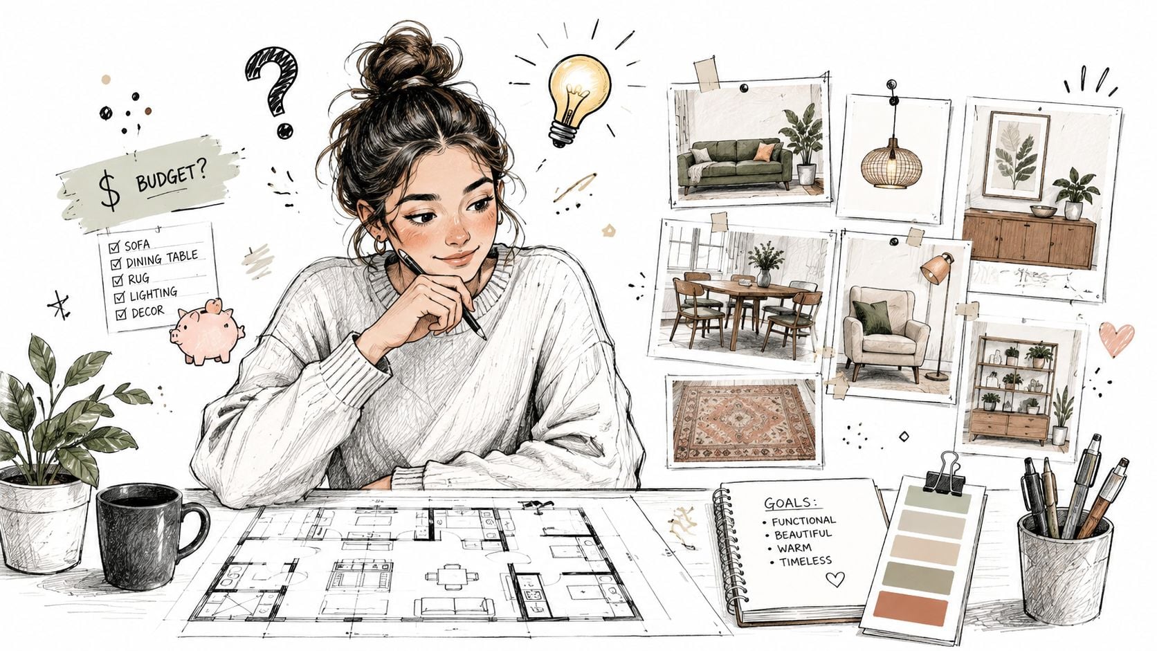 A young woman thoughtfully sketching interior design plans for her home with a list of furniture and goals.
