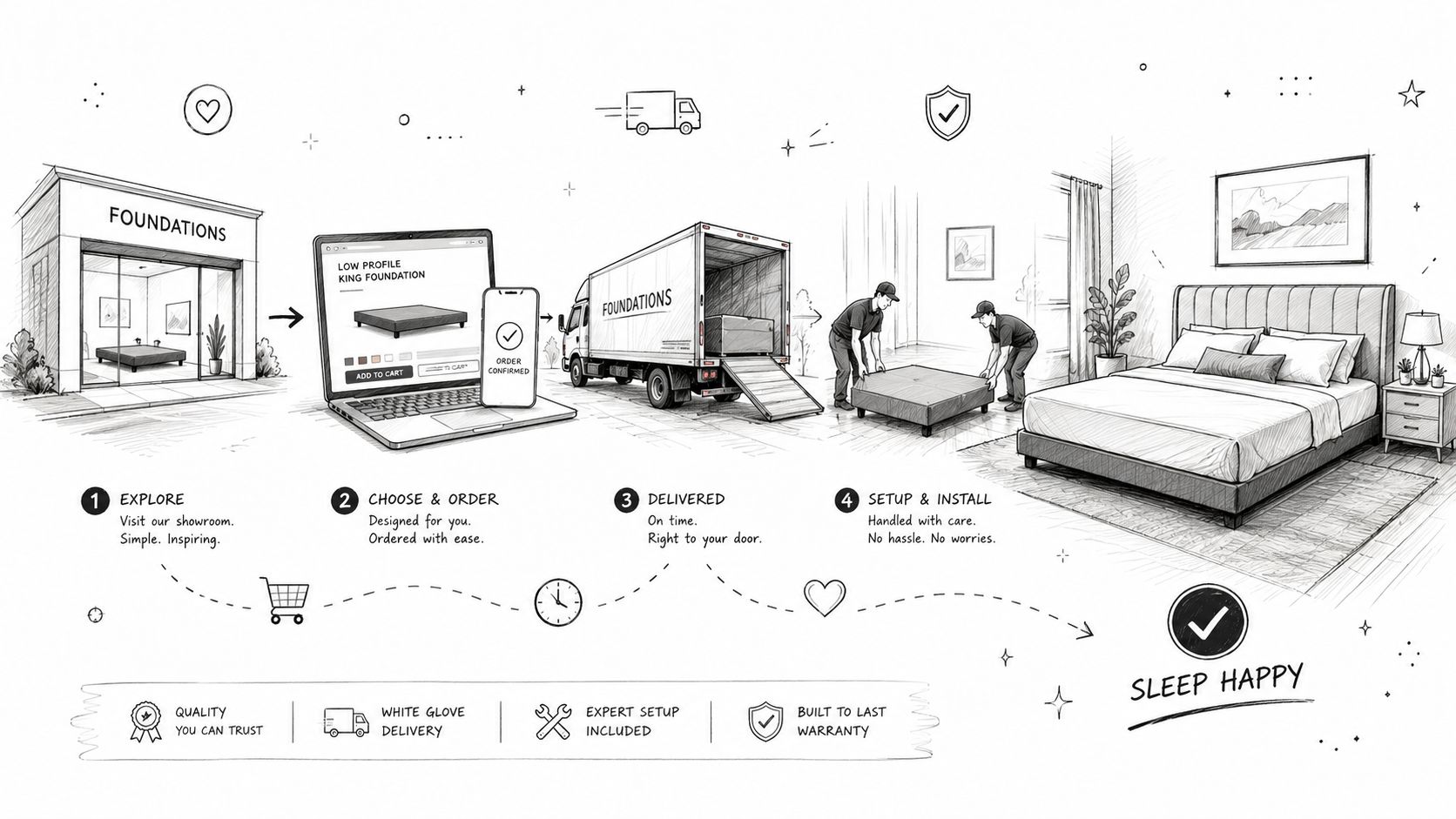An illustrated step-by-step guide showing the process of buying and installing a king size low profile mattress foundation.