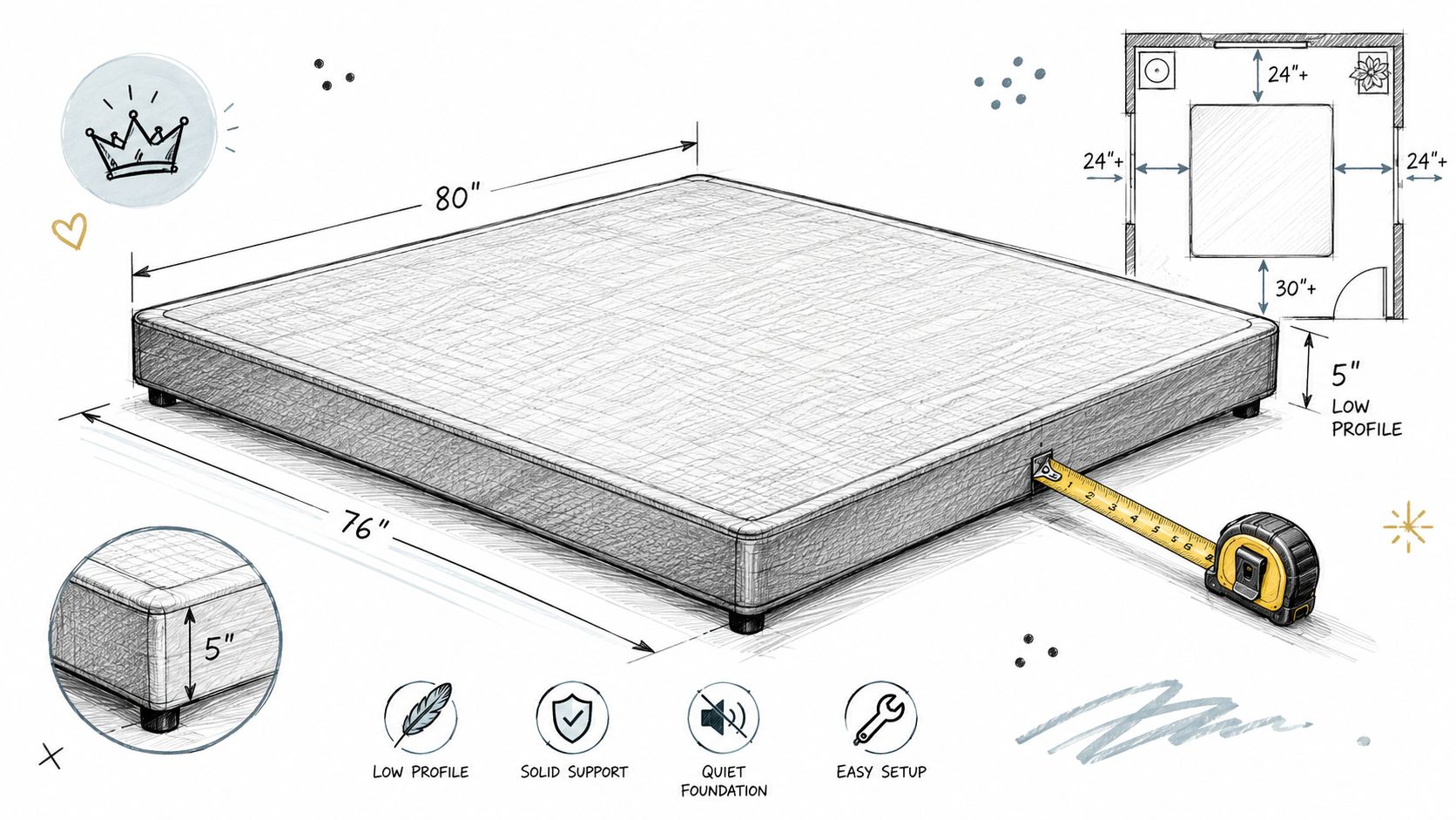A diagram of a low profile king size mattress foundation with dimensions of 80 by 76 inches.
