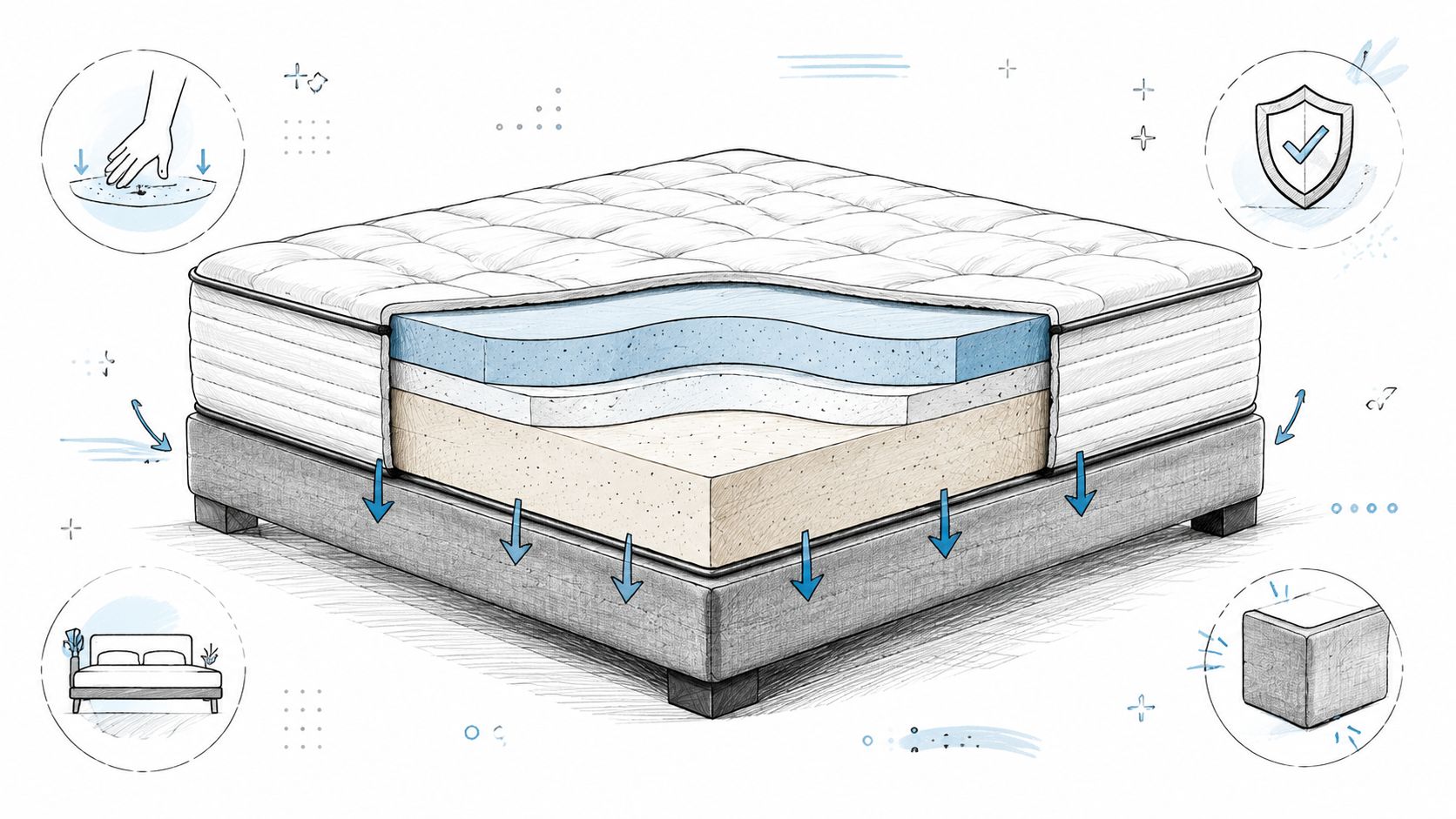 A cross-section illustration showing the layered construction of a mattress sitting on a low profile bed foundation.