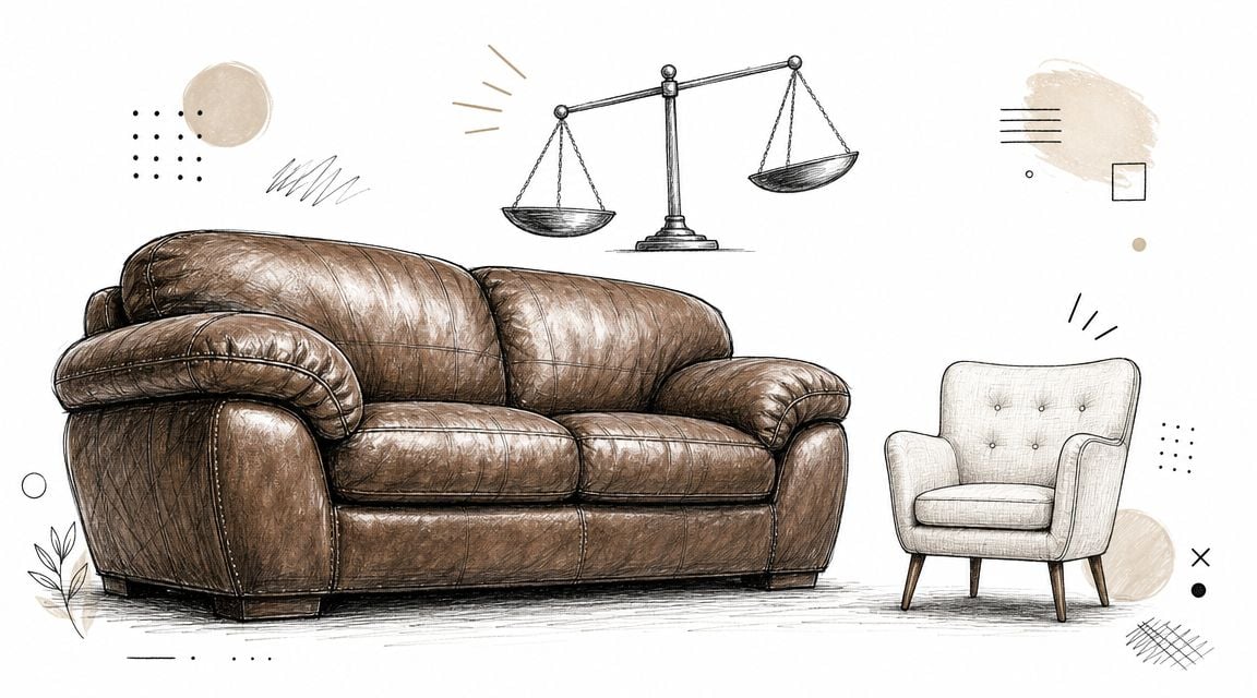 A pencil sketch illustration featuring a large leather sofa and a small fabric armchair under weighing scales.