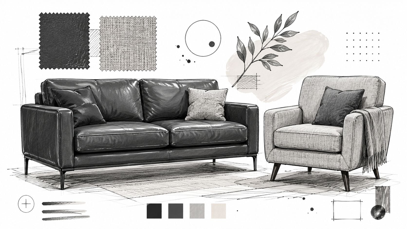 A pencil sketch of a leather sofa and fabric armchair paired with fabric texture swatches and decor elements.