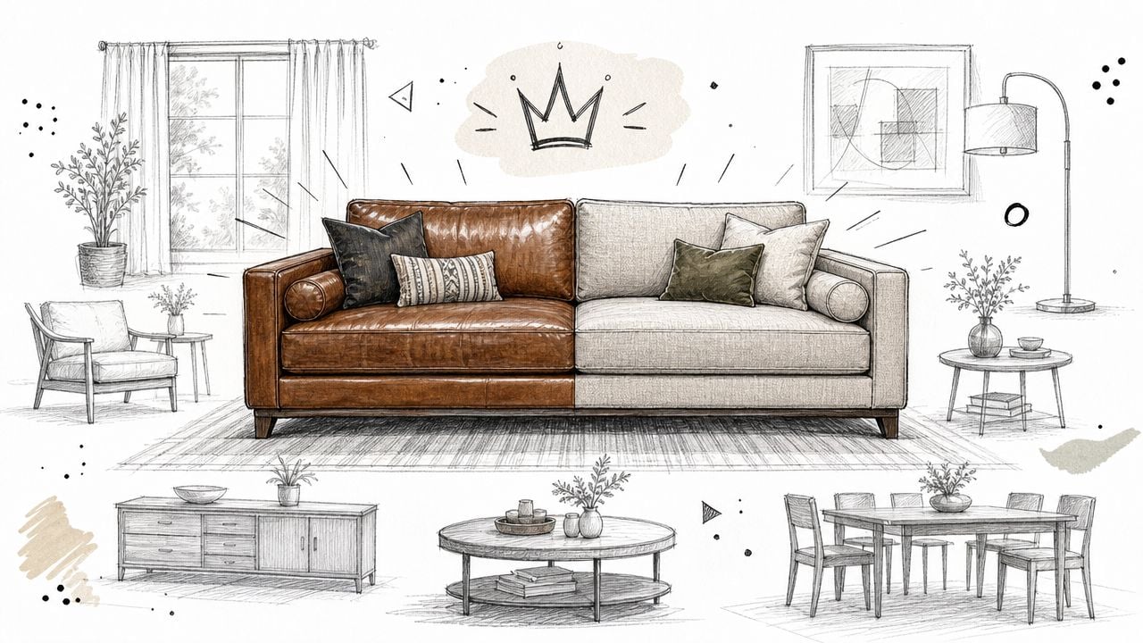 A creative sketch showcasing a split leather and fabric sofa alongside coordinated living room and dining furniture.