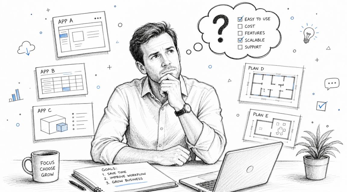 A professional man contemplating software choices and business growth goals in a modern office setting.