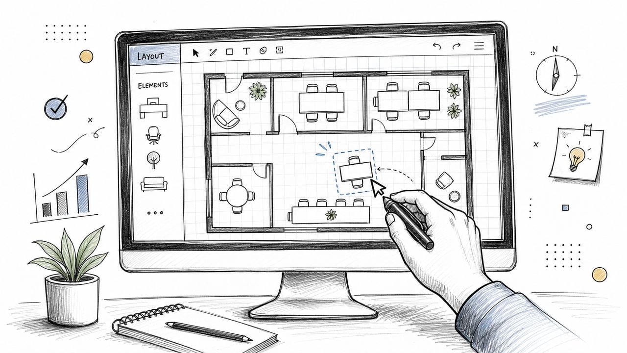A hand using a digital pen to arrange office furniture on a professional space planning software screen.