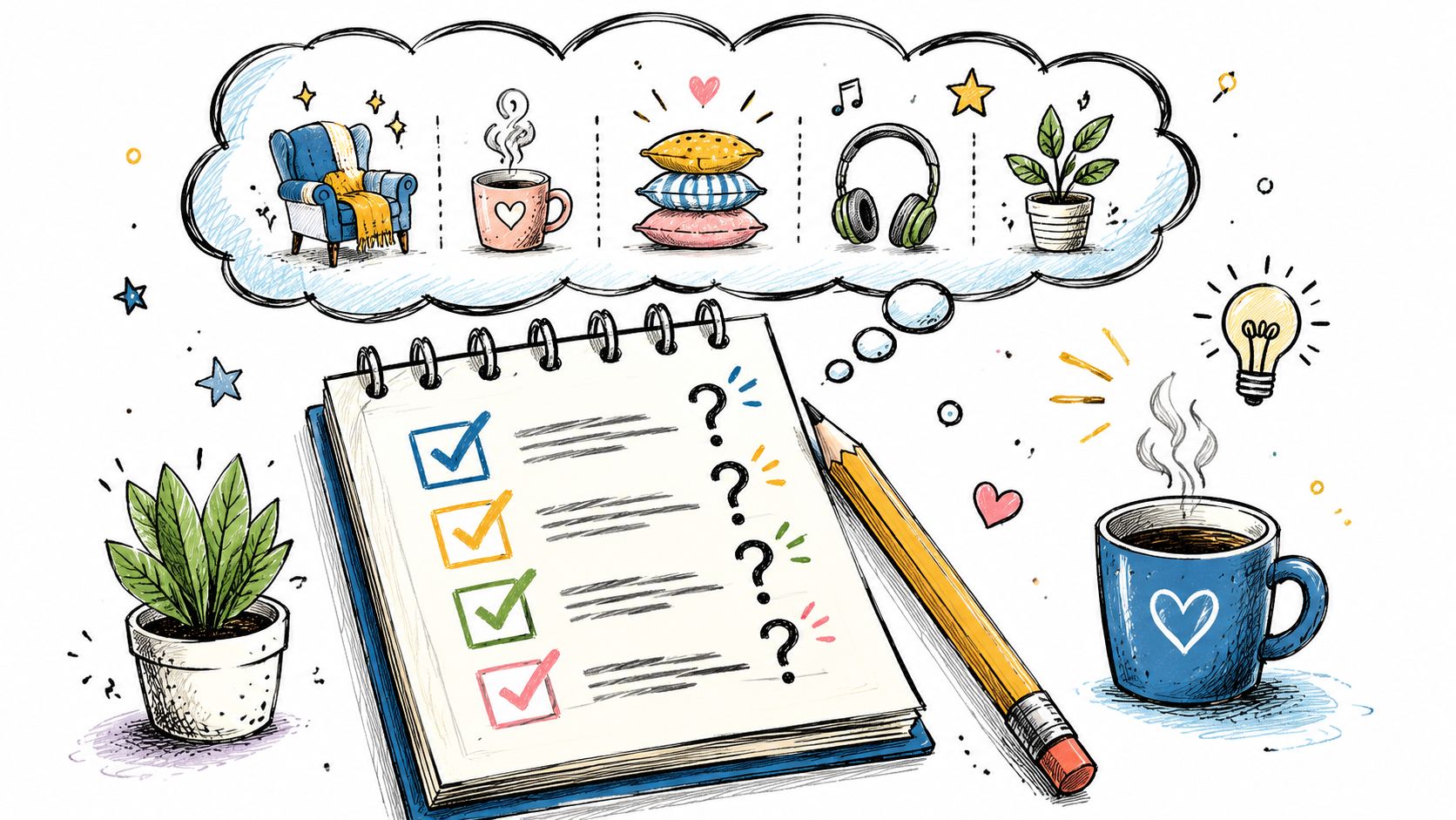 A hand-drawn illustration showing a checklist of cozy items like a chair, coffee, pillows, headphones, and plant.