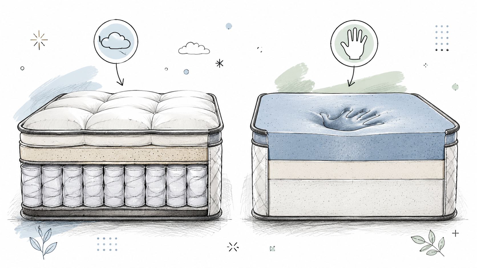 A cross-section diagram comparing a plush pillow top mattress with pocketed coils and a firm memory foam mattress.