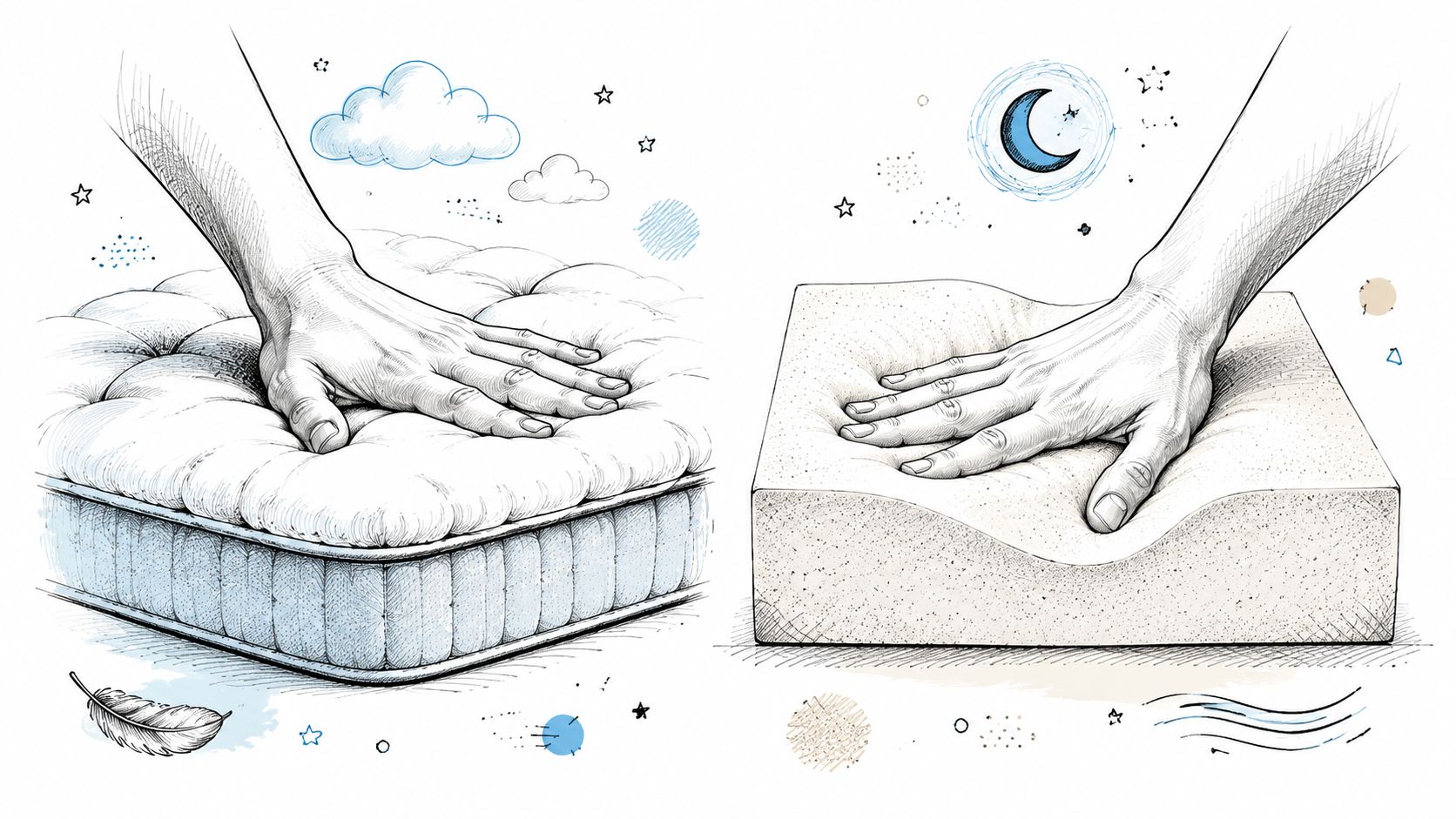 A split illustration comparing a soft pillow top mattress and a dense, contouring memory foam mattress.