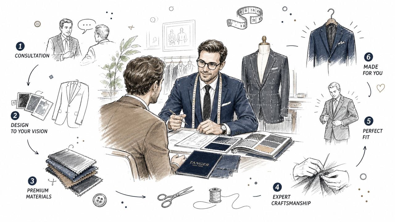 A detailed illustration showing the six-step bespoke tailoring process from initial consultation to the final custom suit.