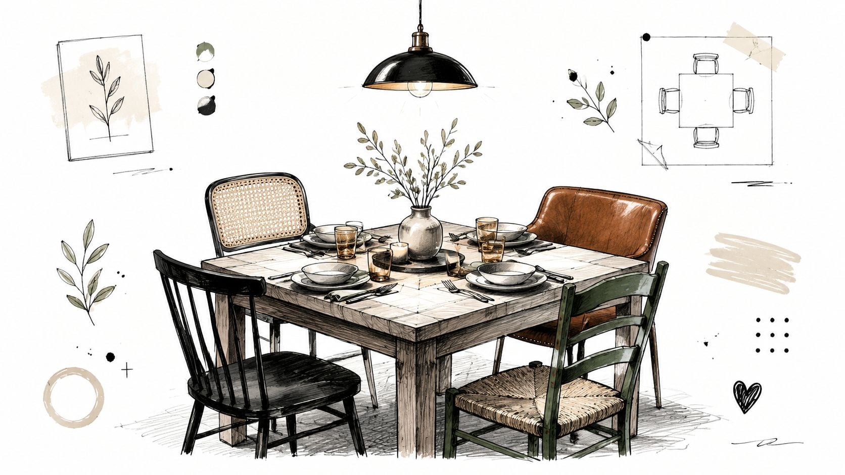 A hand-drawn illustration of a modern rustic square dining table set with mismatched chairs and lighting.