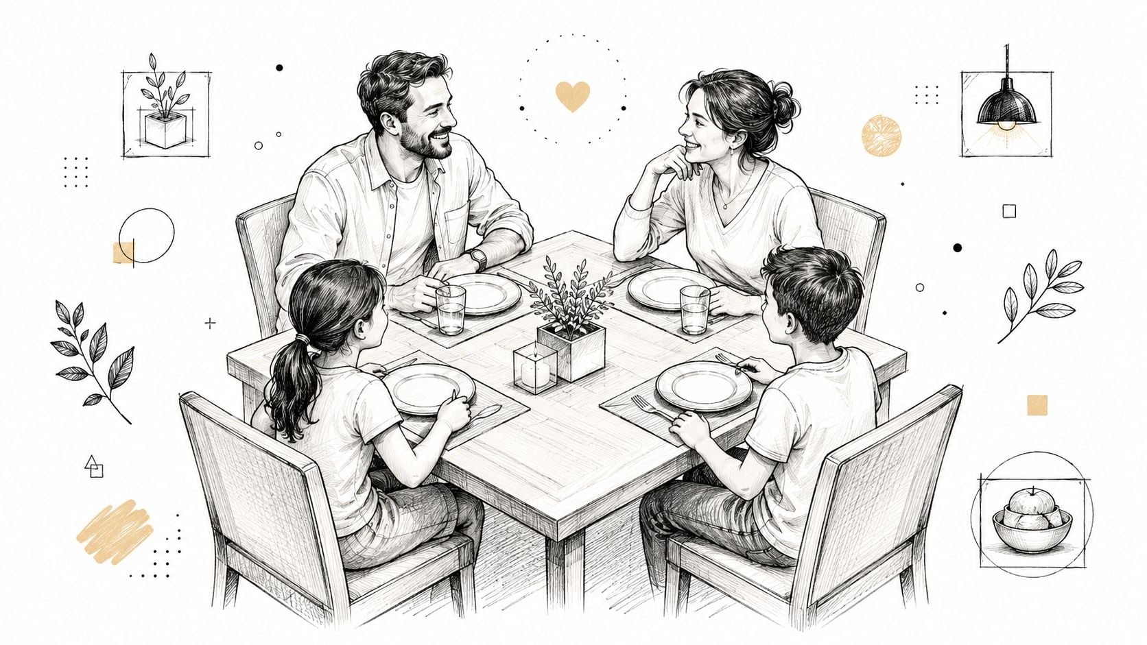 A happy family having dinner together at a square dining set in a warm, artistic illustration.