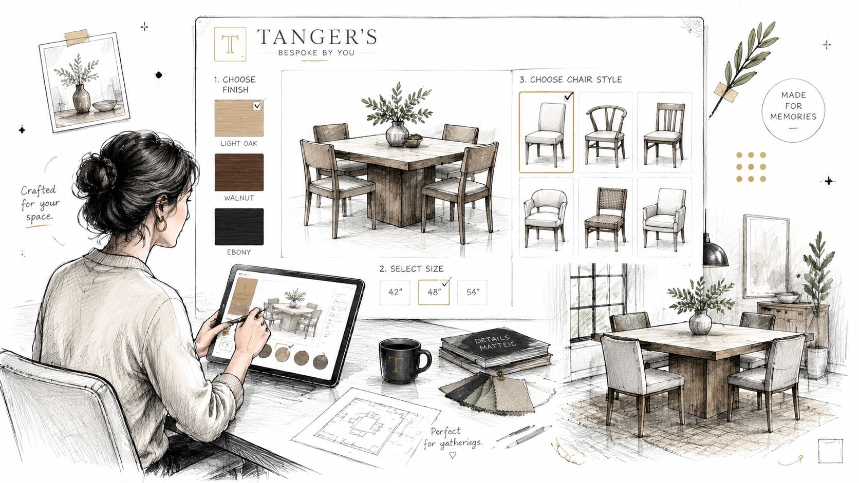 A woman designing a custom square dining set on a digital tablet in a bright sketch-style illustration.