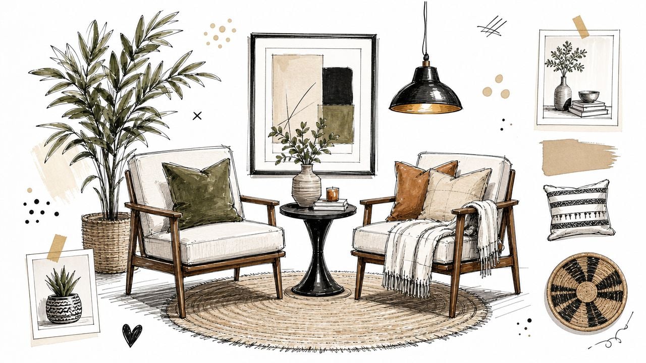 A modern interior design mood board featuring two wooden lounge chairs, a small table, plants, and art.