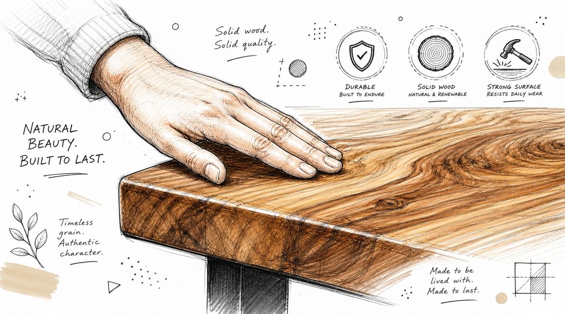 A hand touches a beautiful solid wood table, highlighting its natural grain and durable, high-quality craftsmanship.